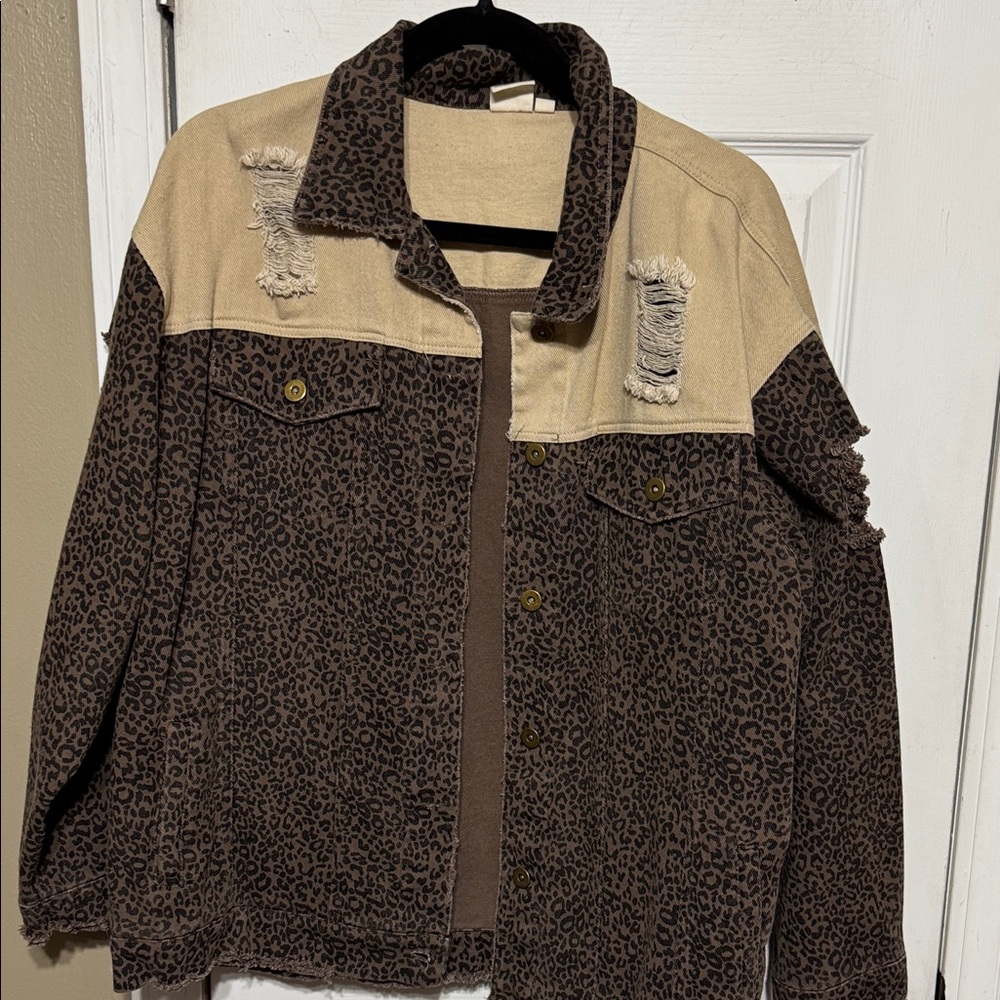 Leopard Print khaki Jean Jacket Distressed Raw Edges